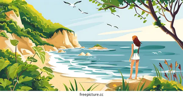 Woman Standing on the Cliff Looking at Sea