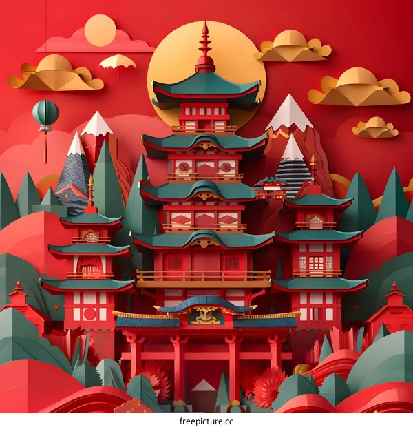 Paper Art Illustration Of Red And Green Pagoda In Red Background