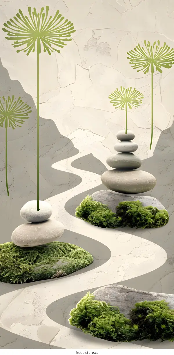 Zen Garden Abstract Background With Green Moss And Stone