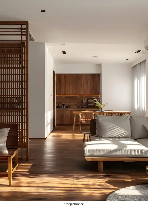 Modern Minimalist Living Room With Wooden Flooring And White Walls