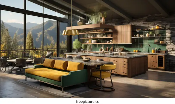 Modern kitchen with a view of the mountains