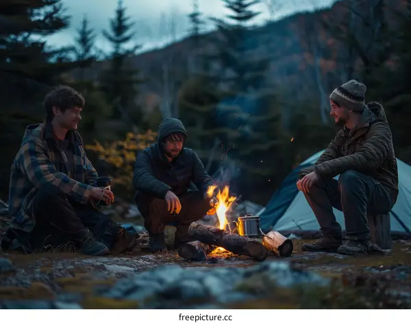 Three men camping in the woods
