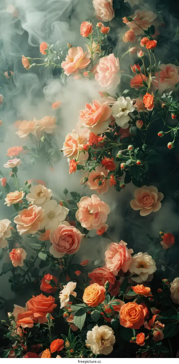 Dreamy Rose Garden with Peach, Pink, and Orange Blooms