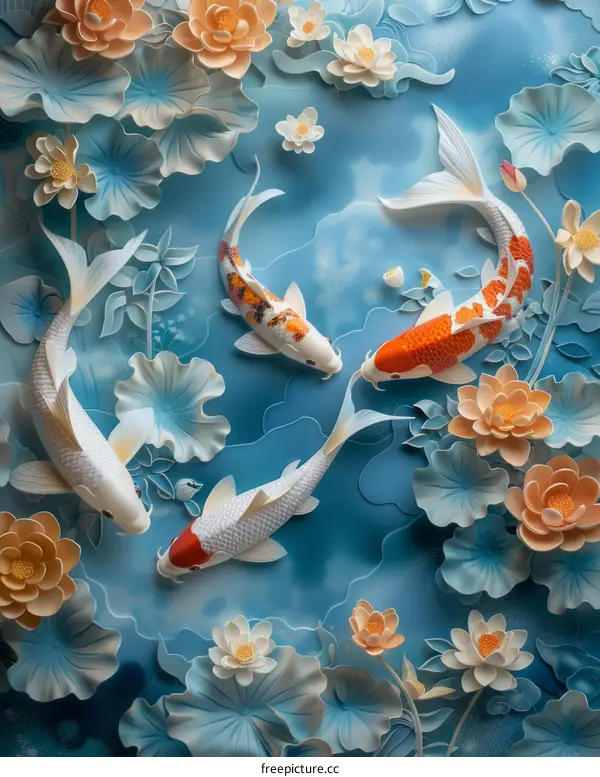 Three koi fish swimming in a pond with water lilies
