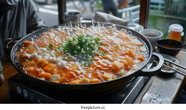 A bubbling hot pot with various ingredients