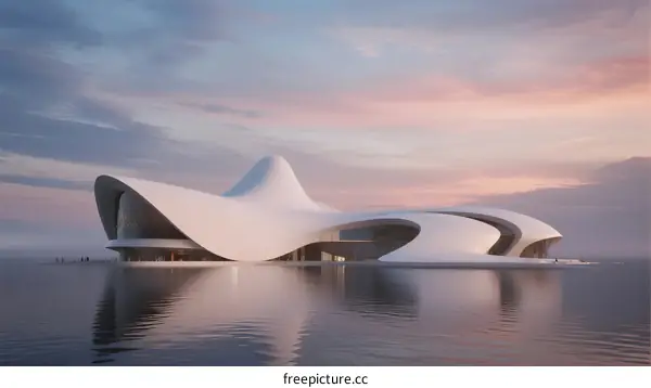 Modern Architectural Design with Flowing White Curved Structures by Water