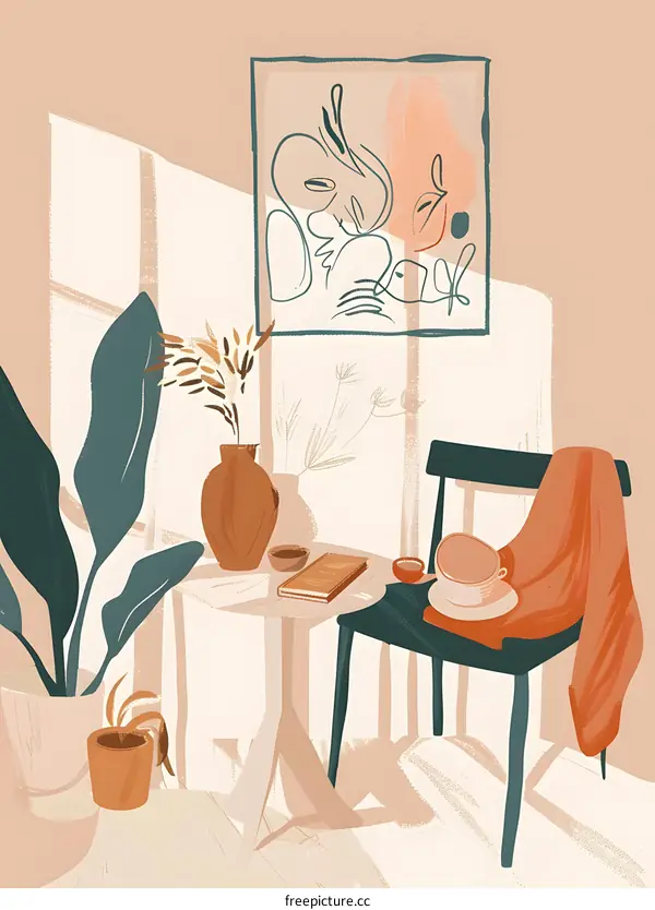 Abstract Art Illustration of a Cozy Living Room with a Chair, Table, and Plants