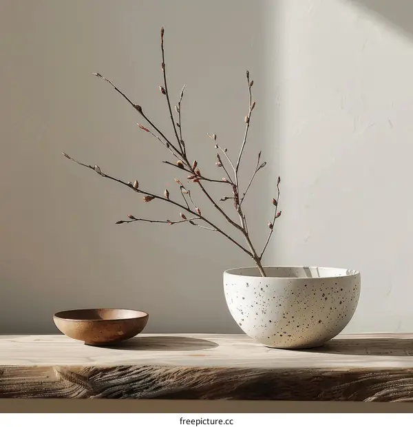 Minimalist Still Life with Branch in a Bowl
