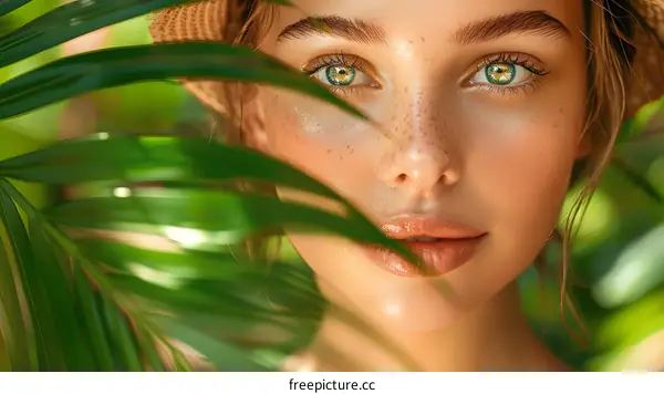 portrait of a beautiful woman with green eyes and freckles