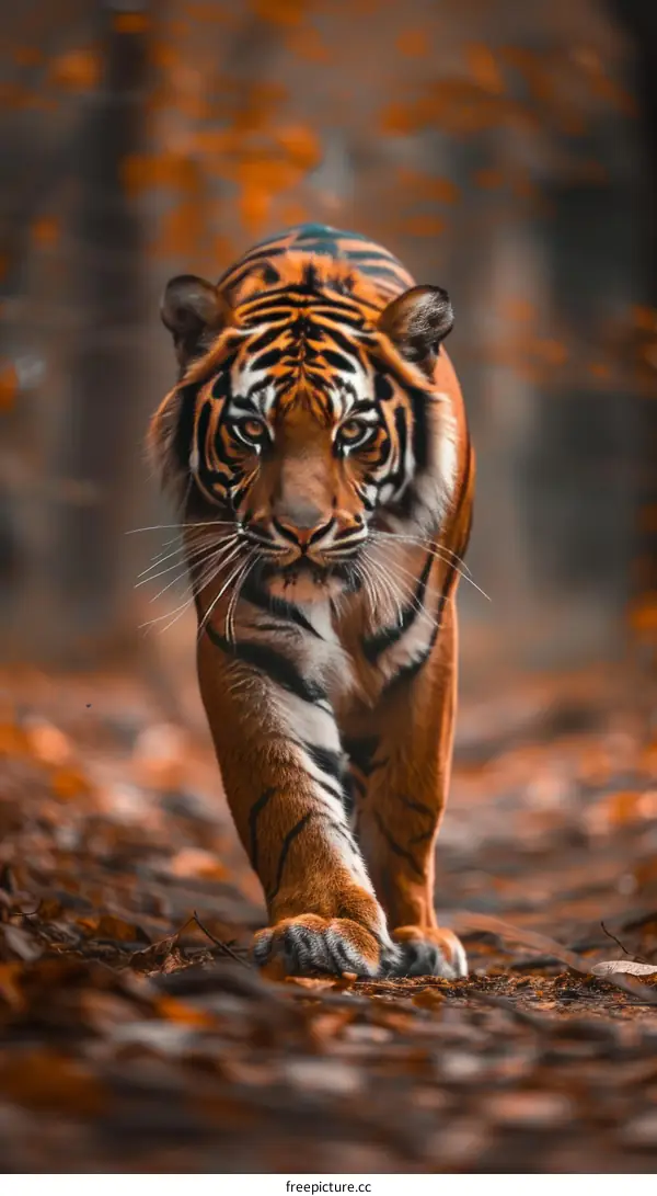 A fierce tiger is walking in the forest