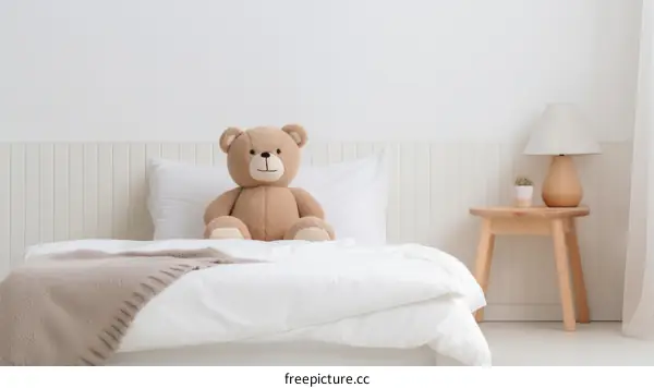 A cute teddy bear sitting on a bed in a child's bedroom