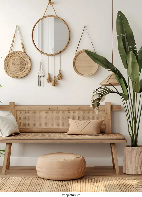 Boho Style Interior Design with Woven Bench and Tropical Plant