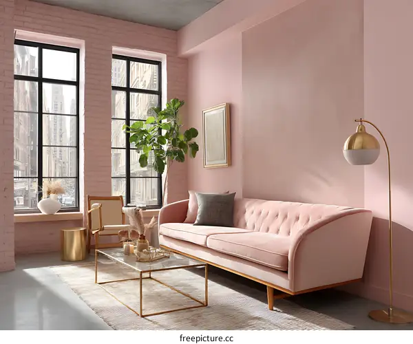 Pink Living Room with Modern Furniture and City View