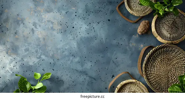 Wicker Basket with Greenery on Blue Background