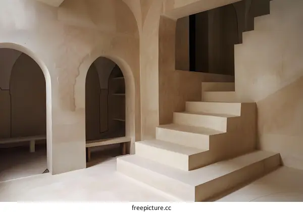 Modern Minimalist Interior Design with Arched Doorways and Concrete Stairs