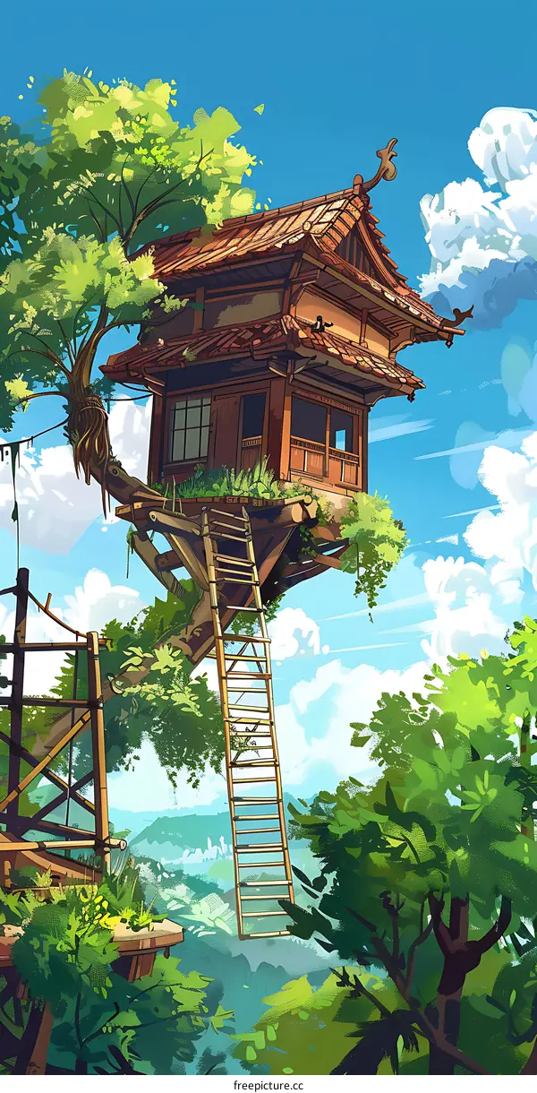 Japanese Style Treehouse with Ladder Illustration