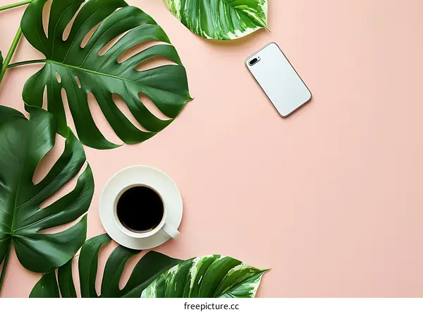 Flat Lay of Coffee Phone and Monstera Leaves on Pink Background