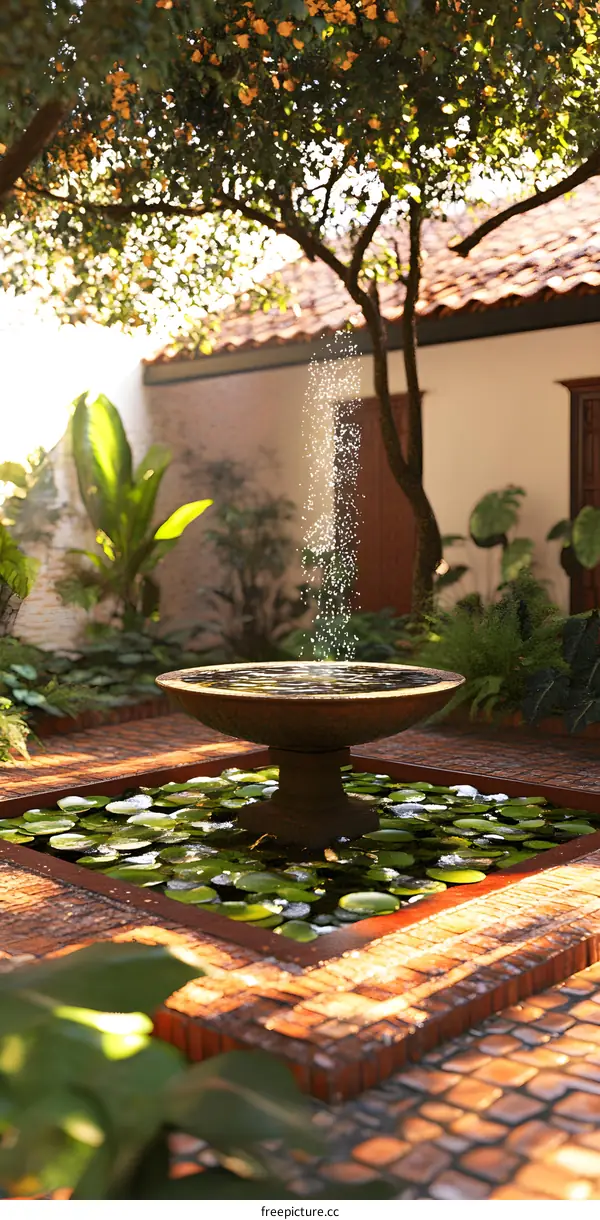 Tranquil Garden with Stone Fountain and Brick Patio