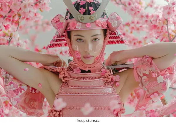 A woman wearing a samurai helmet and armor made of pink flowers poses in front of a pink background.