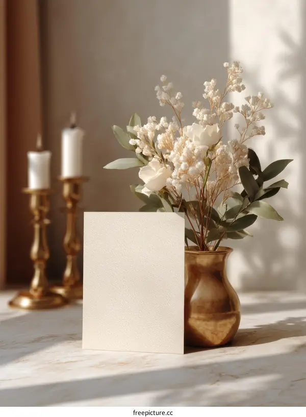 Elegant Blank Paper Mockup with Dried Flowers and Candles
