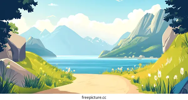 Mountain Lake Landscape Illustration With Green Grass And Dirt Road