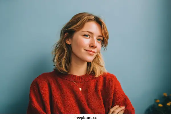 Smiling Woman in a Red Sweater Against a Light Blue Background