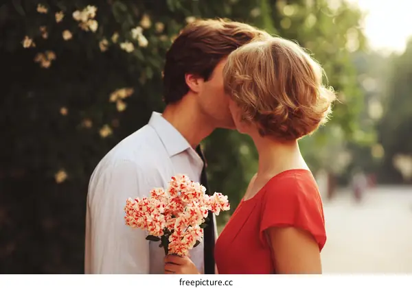 Romantic Kiss Outdoors with Flowers