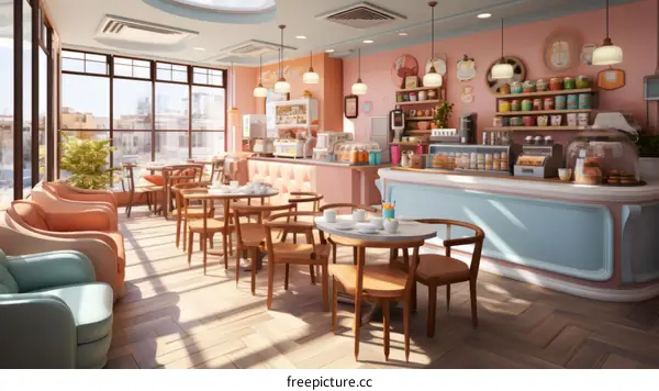 A cozy pink and blue cafe with large windows and a variety of seating