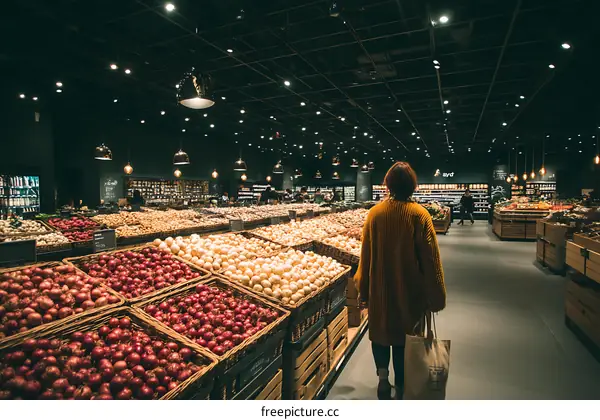 Grocery Store Interior with Customer Exploring Produce Section