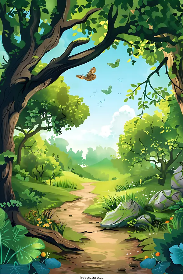 Forest Path With Butterflies And Lush Greenery Illustration