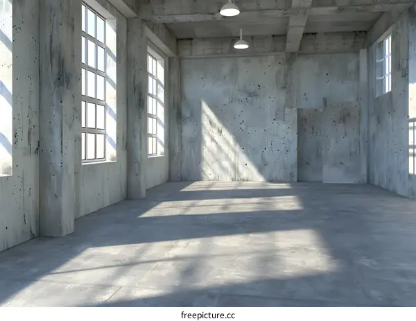 Empty Concrete Room with Large Windows and Sunlight