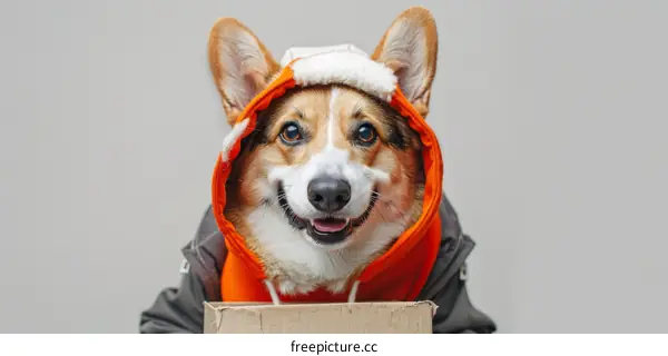 A cute corgi dog wearing a winter hat and coat