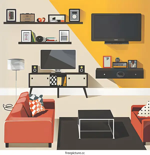 Modern Living Room Illustration with Red Couches and a Flat Screen Television