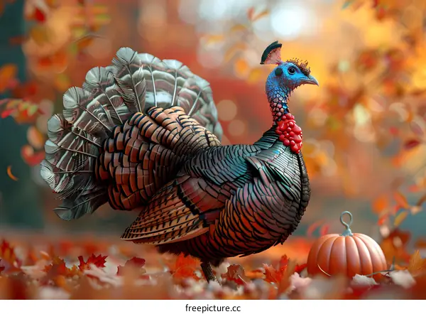 A majestic turkey stands in a field of fallen leaves.