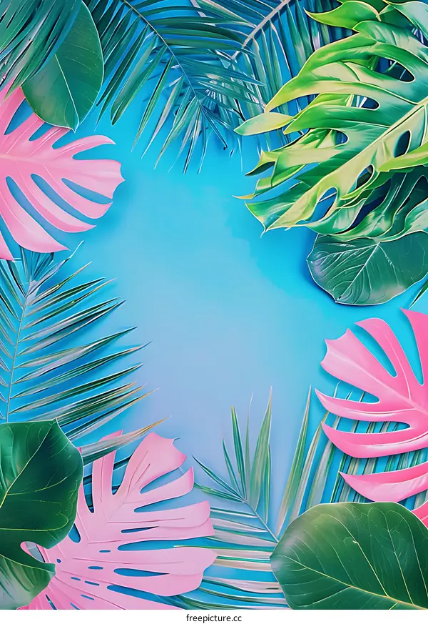 Tropical Leaves on Blue Background