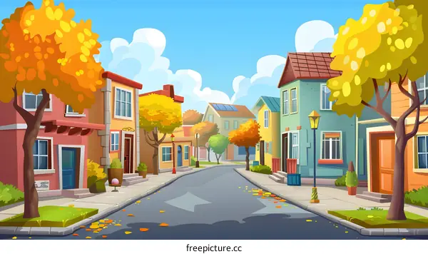 Cartoon Illustration of a Cozy Suburban Street with Autumn Trees