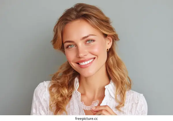 Smiling Woman with Invisible Aligners Showing Orthodontic Treatment