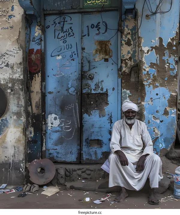 Old Man Sitting in Front of Blue Door in India