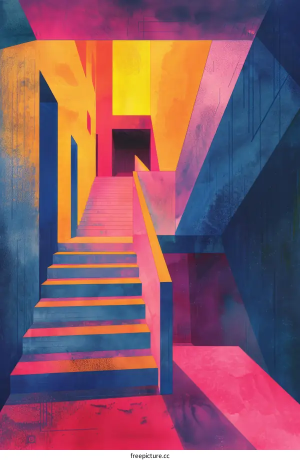 A Colorful Stairwell with Pink, Blue, and Yellow Walls