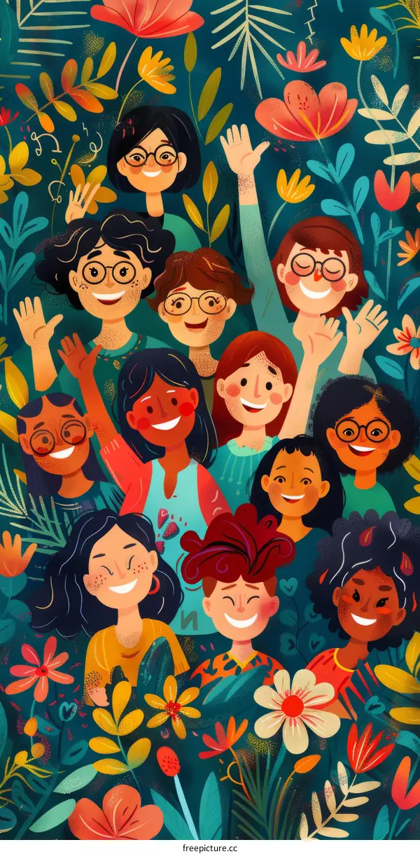 Diverse group of happy women of different ethnicities waving