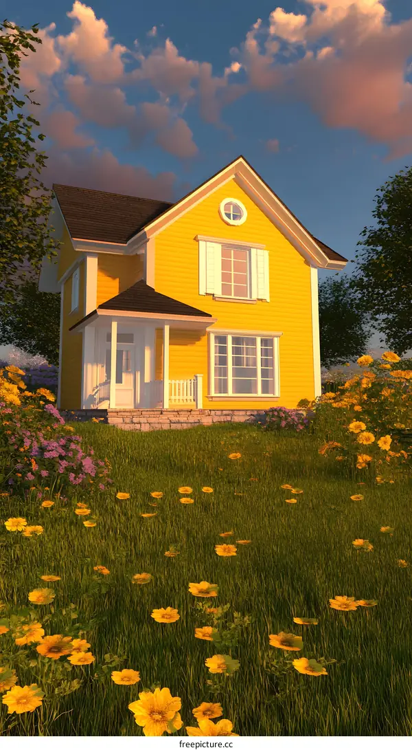 Yellow House with a Front Porch in a Field of Flowers