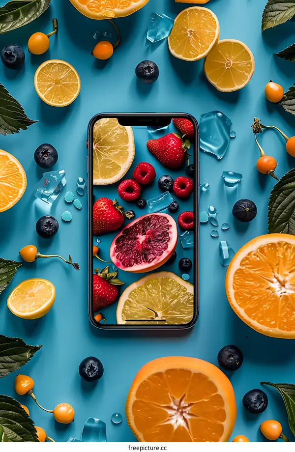 Fruit and Smartphone on a Blue Background