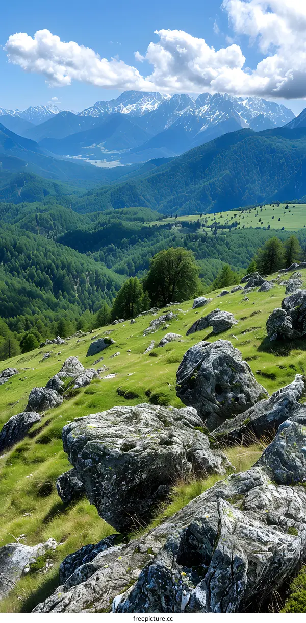 Alpine mountain landscape with large boulders in the foreground