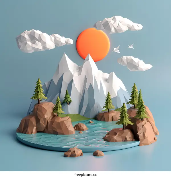 3D illustration of a mountain landscape with clouds and trees