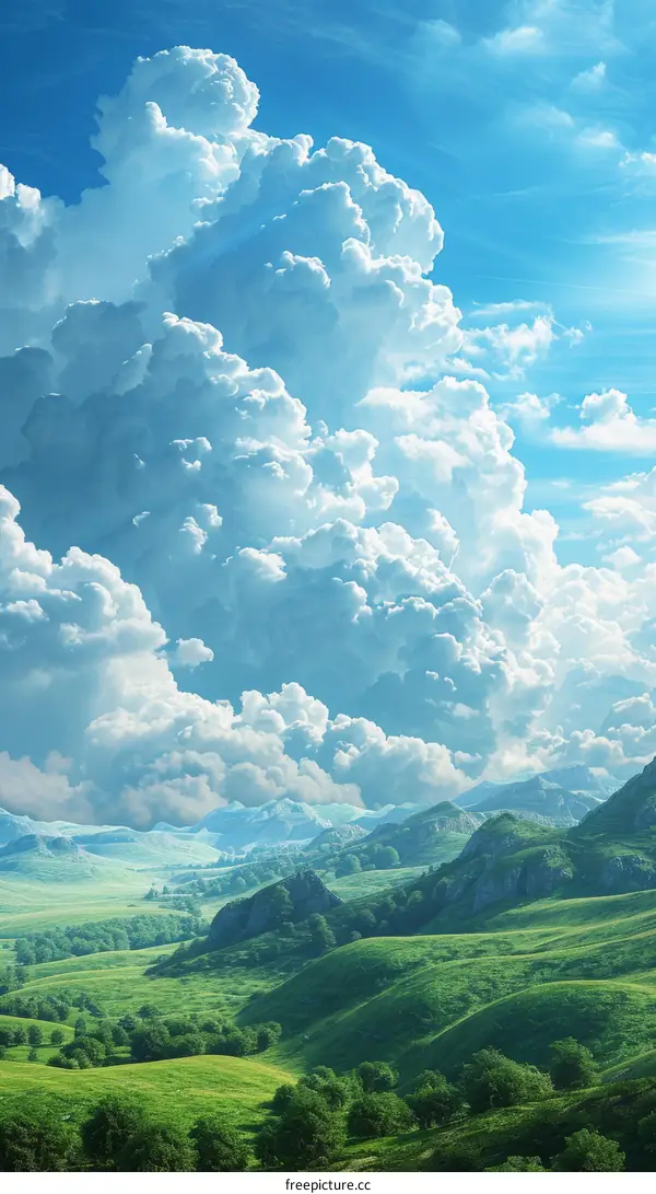 Green Rolling Hills Under a Blue Sky with White Clouds