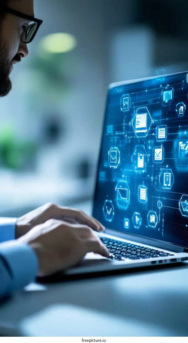 Businessman Working on a Laptop with Digital Interface