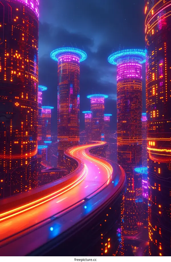 Futuristic City Illustration with Glowing Neon Lights and a Road in the Center