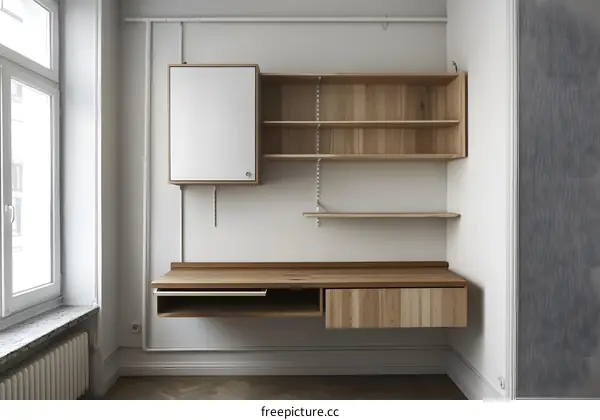 Modern Minimalist Wooden Desk and Shelving Unit in Corner of Room