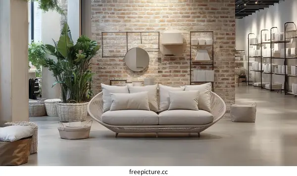Modern Beige Sofa with Woven Design in a Retail Space