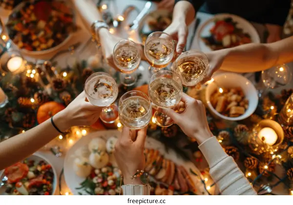 Friends toasting champagne glasses at a holiday dinner party